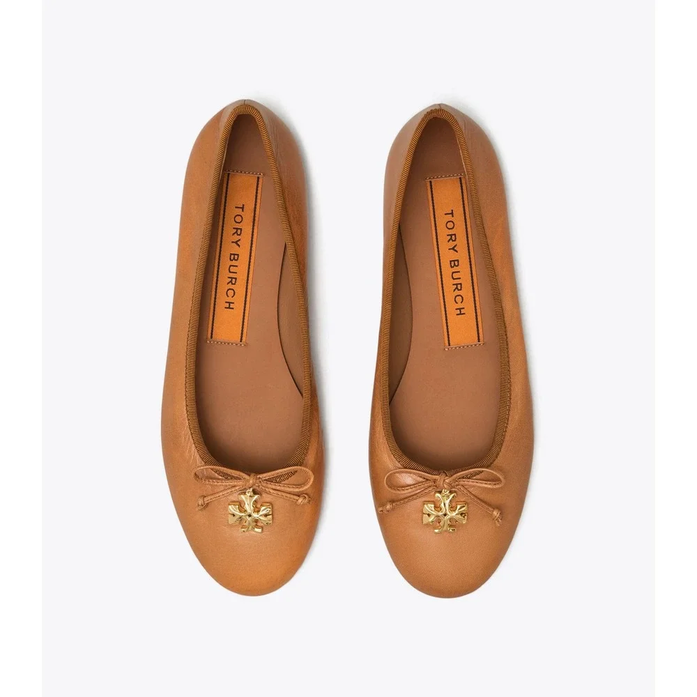 Tory Burch Minnie Travel Ballet Flats Tan Leather Gold Logo 7.5M